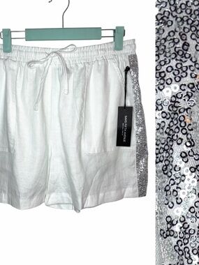 Saks Fifth Avenue Silver Sequin Side Stripe White Linen Athletic Shorts M NWT